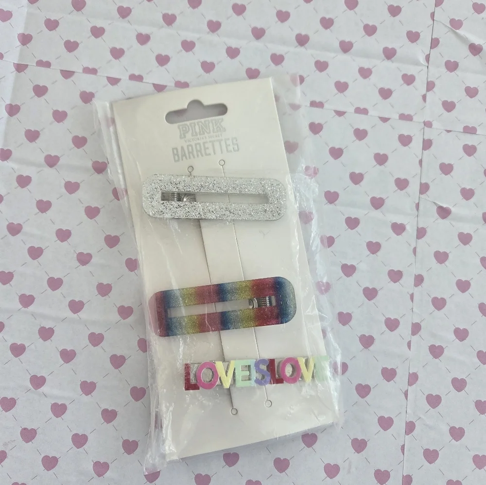 PINK Victoria’s Secret Hair Clips Set | Glitter Rainbow & LOVE Barrettes